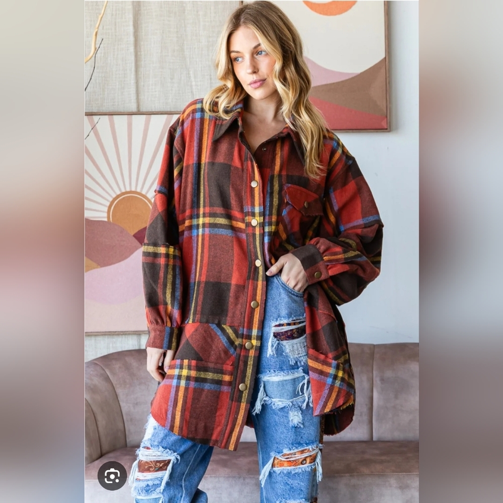 NWOT Oli & Hali Rust and Brown Plaid Button-Up Flannel Shirt Sz L